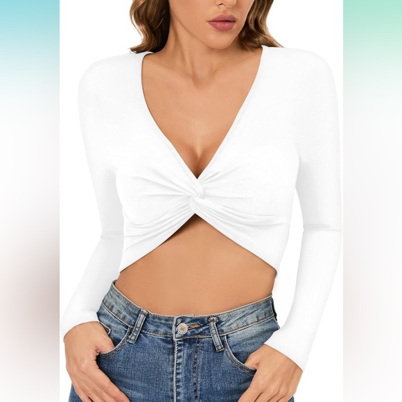 Long Sleeve Crop Tops for Women Tie Front V Neck Womens Sexy Tops Trendy - Picture 2 of 7